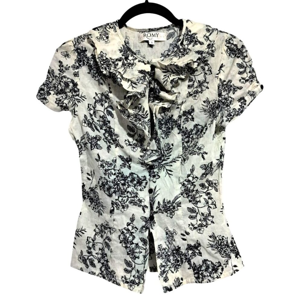 Romy Womens Small Floral Button-Down Blouse With Ruffle Collar Short Sleeves 100 - Picture 1 of 8